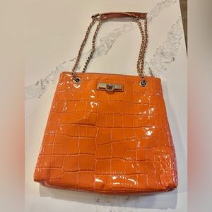 Orange Kelly Chain purse DKNY crocodile alligator embossed patent leather tote
